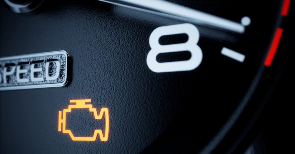 A vehicle dashboard displaying an illuminated check engine warning light beside other instrument panel indicators.