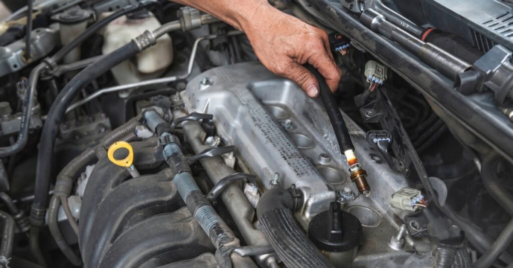 A person inspects spark plugs in an open engine compartment with ignition coils and engine components visible.