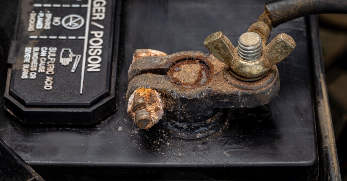 A close-up of corrosion around an automotive battery terminal with cables attached inside an engine compartment.